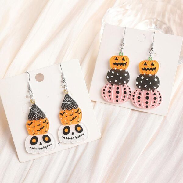 Halloween Stacked Skull & Pumpkin Dangle Earrings for Women
