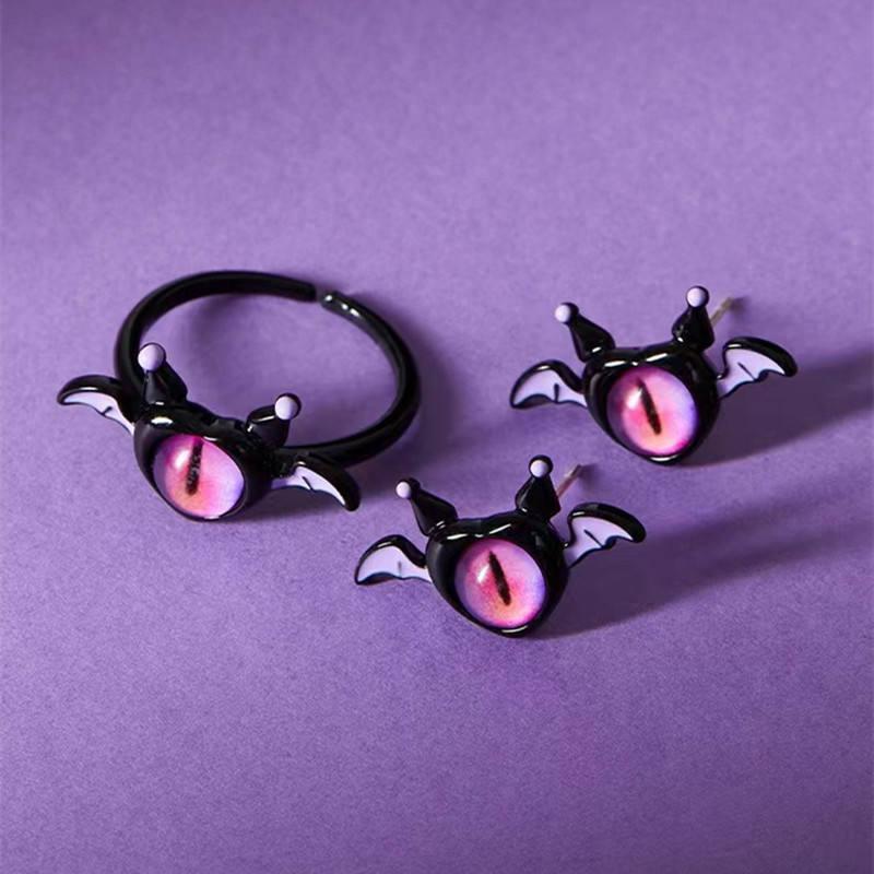 Red Single Eye Monster Halloween Adjustable Ring and Earrings Set