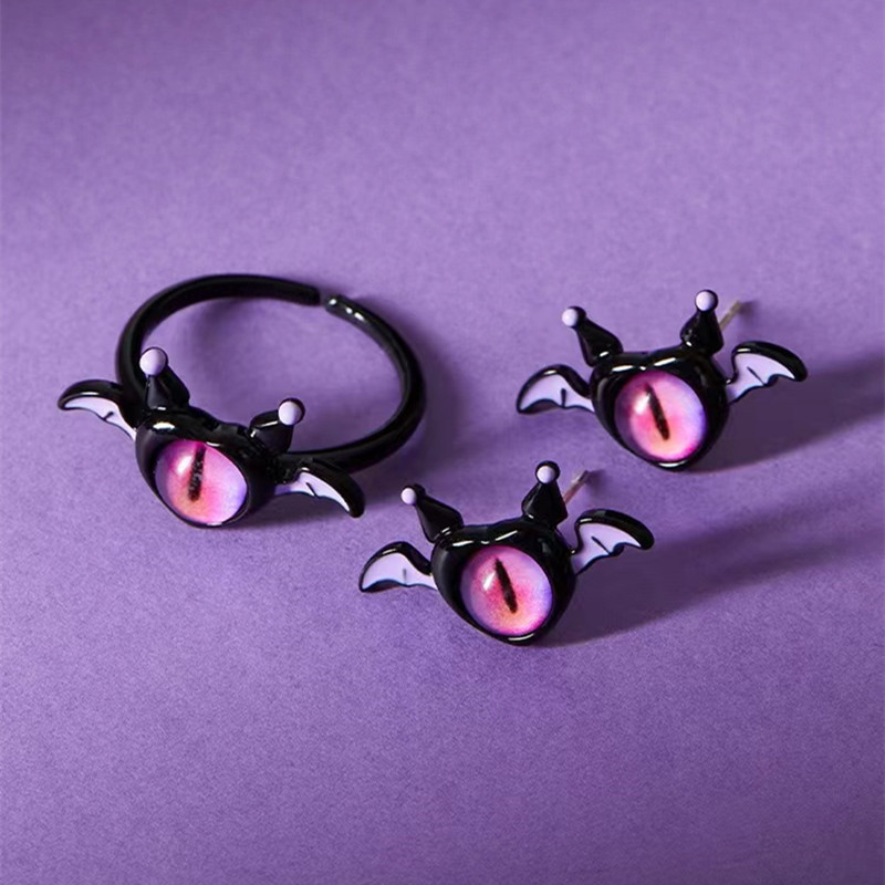 Red Single Eye Monster Halloween Adjustable Ring and Earrings Set - Image 2