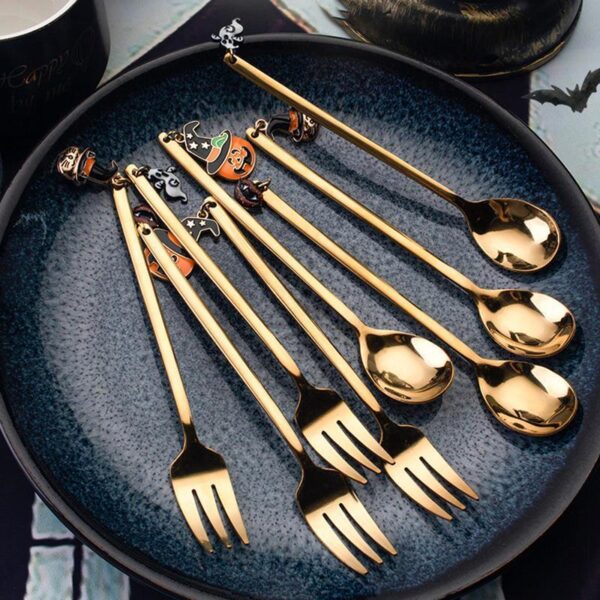 Halloween Spoon and Fork Set – Stainless Steel Tableware with Festive Pendants