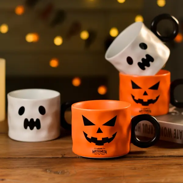 16oz Halloween Pumpkin Mug with Spoon - Cute Ghostface Pattern Ceramic Coffee Cup