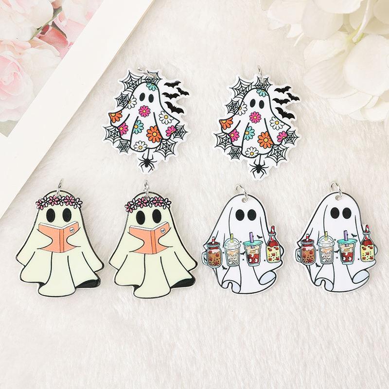 6Pcs Acrylic Halloween Ghost & Flower Charms