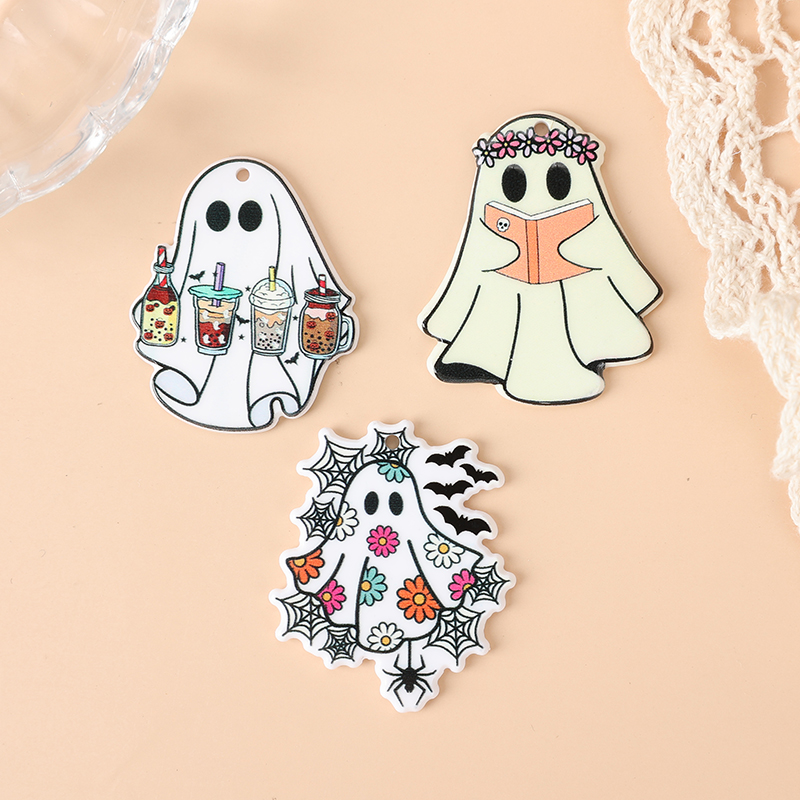 6Pcs Acrylic Halloween Ghost & Flower Charms - Image 2