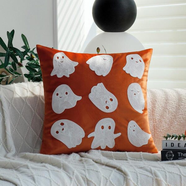 Halloween Velvet Embroidered Pillow Cover with Pumpkin & Ghost Design