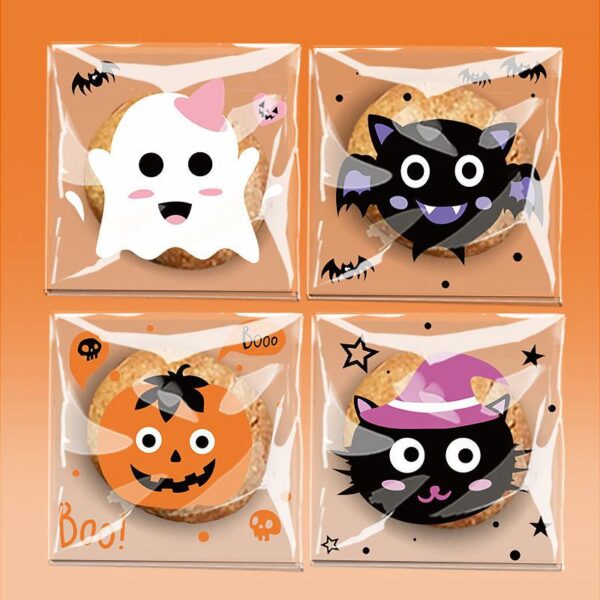 100pcs Translucent Pumpkin Bat Halloween Self-Adhesive Cookie & Candy Bags