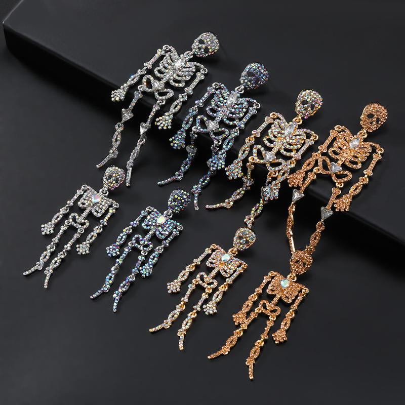 Fashion Metal Crystal Skeleton Dangle Earrings for Women's Halloween Party Accessories
