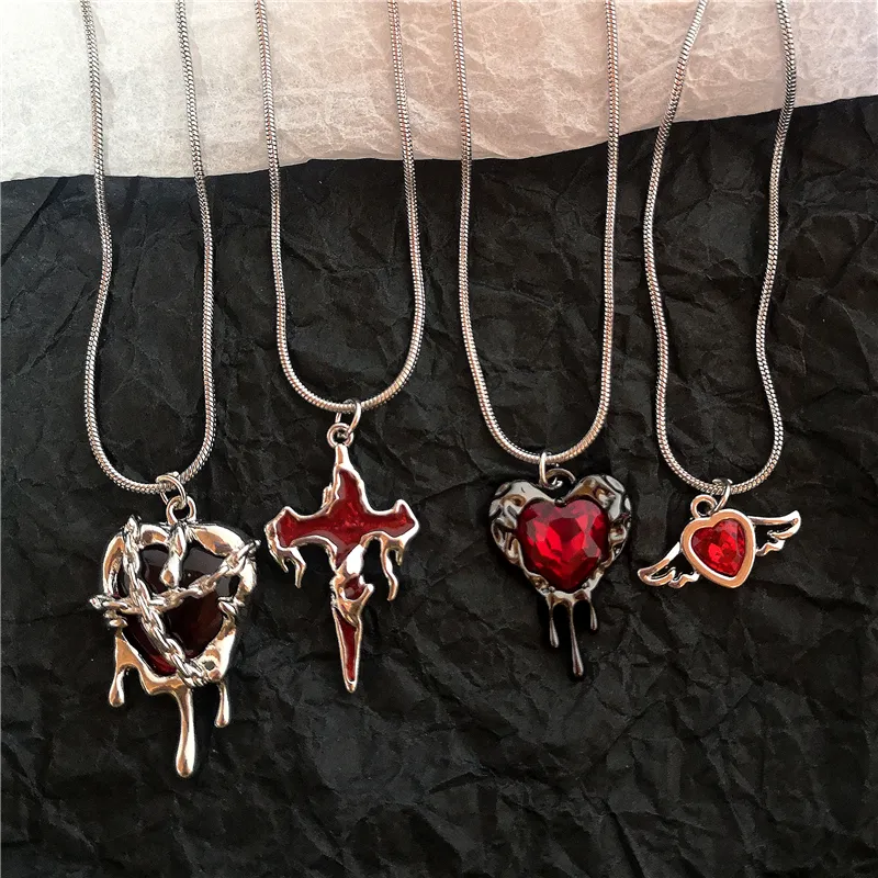 Vintage Y2K Red Heart Cross Pendant Snake Chain Necklace - Gothic Aesthetic Jewelry for Men & Women - Image 4