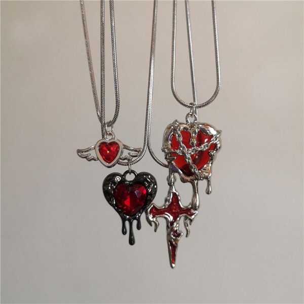 Vintage Y2K Red Heart Cross Pendant Snake Chain Necklace - Gothic Aesthetic Jewelry for Men & Women