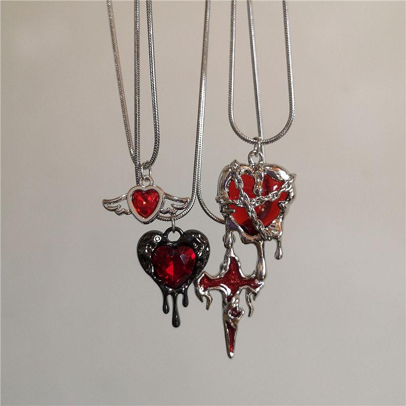 Vintage Y2K Red Heart Cross Pendant Snake Chain Necklace - Gothic Aesthetic Jewelry for Men & Women