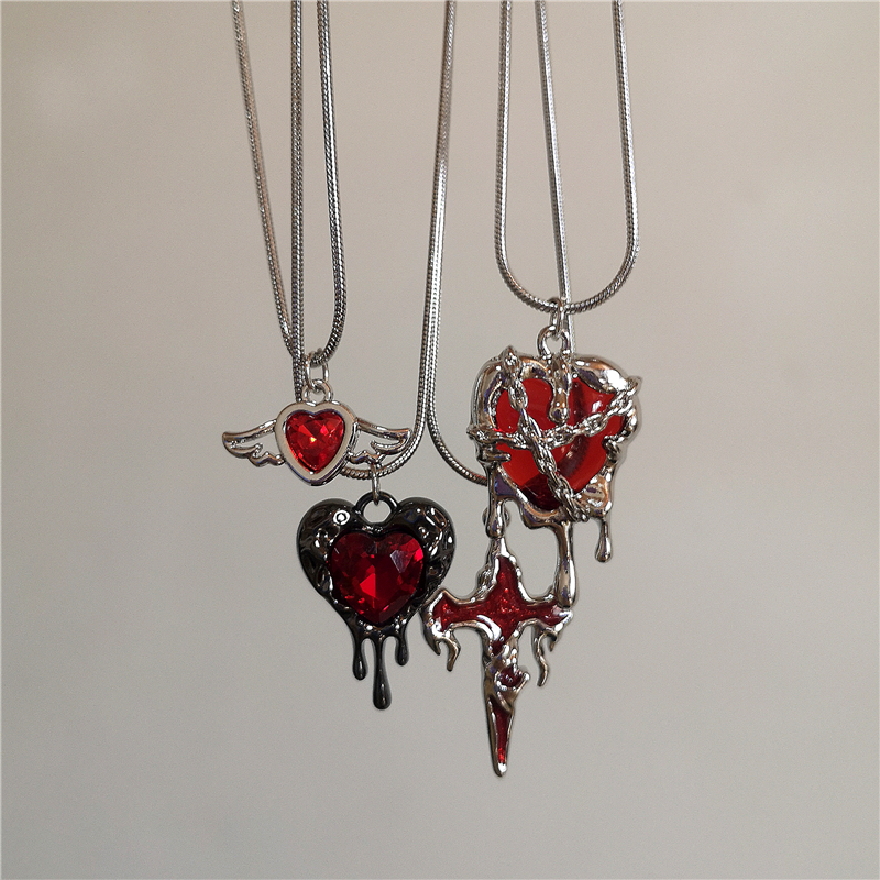 Vintage Y2K Red Heart Cross Pendant Snake Chain Necklace - Gothic Aesthetic Jewelry for Men & Women - Image 2