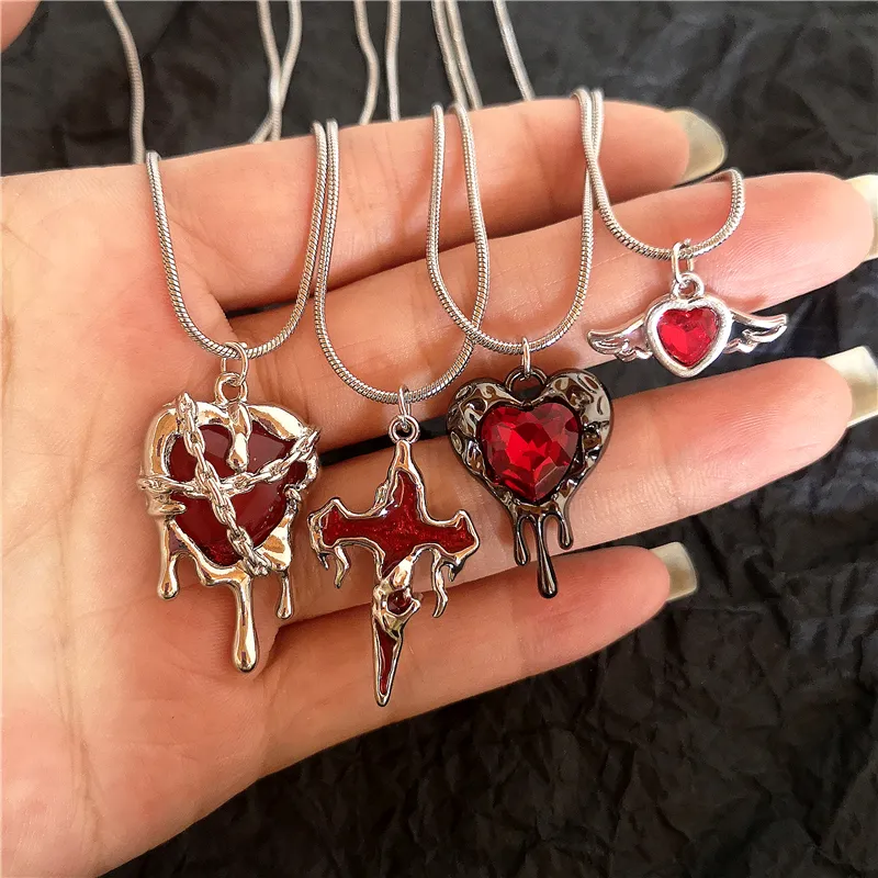Vintage Y2K Red Heart Cross Pendant Snake Chain Necklace - Gothic Aesthetic Jewelry for Men & Women - Image 3