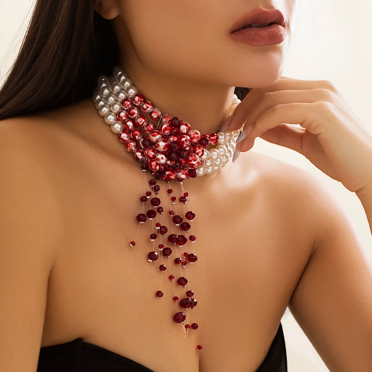 Goth Vintage Red Blood Pattern Pearl Chain Necklace - Image 3