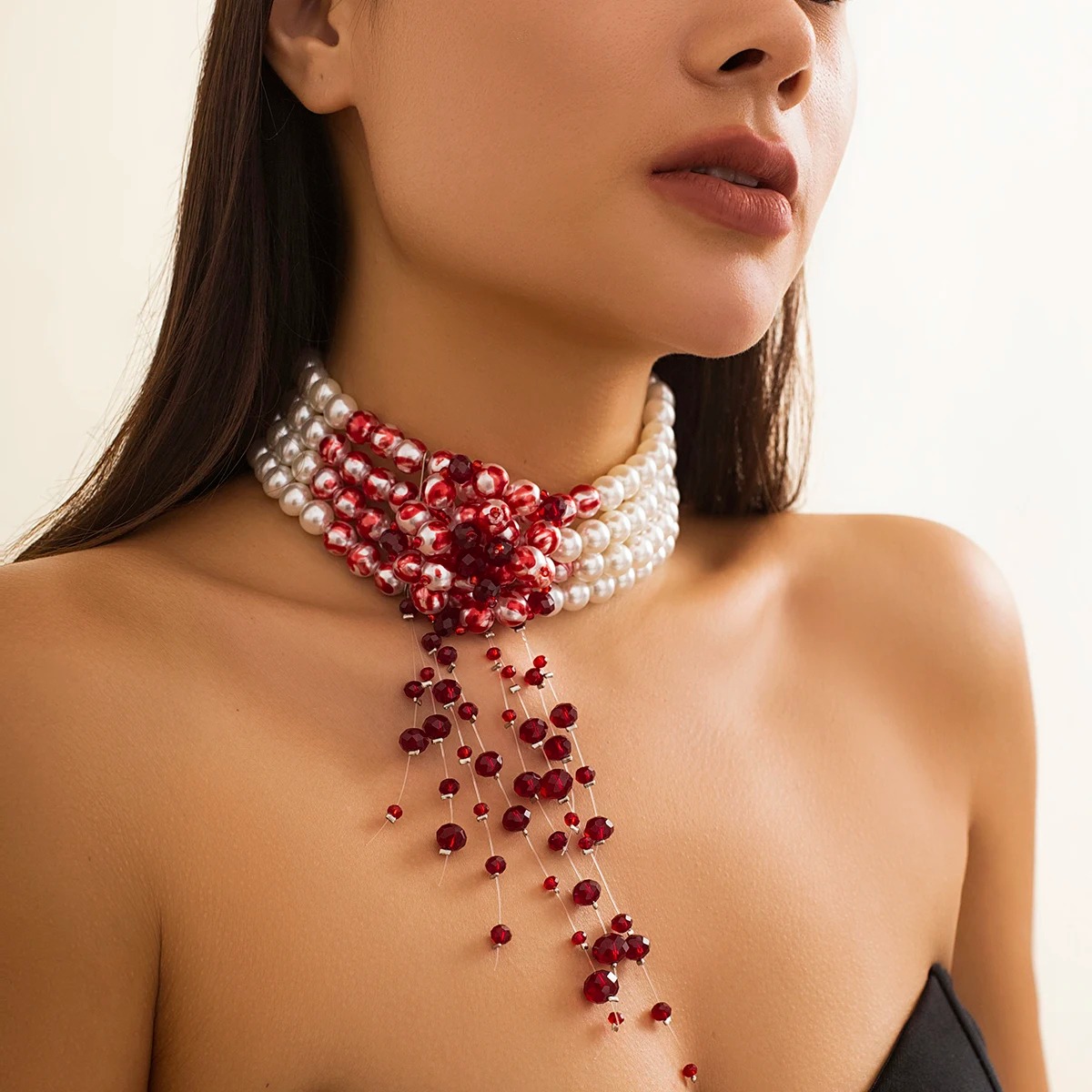 Goth Vintage Red Blood Pattern Pearl Chain Necklace - Image 2