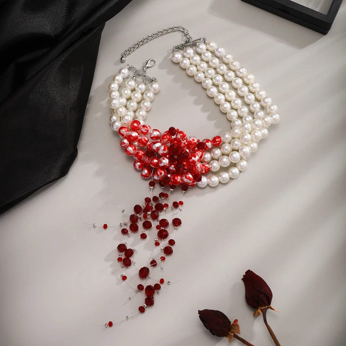Goth Vintage Red Blood Pattern Pearl Chain Necklace - Image 4