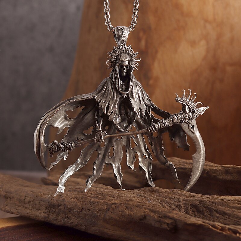 Gothic Hell Reaper Sickle Pendant Necklace - Devil Skull Men's Rock Punk Jewelry for Halloween - Image 3