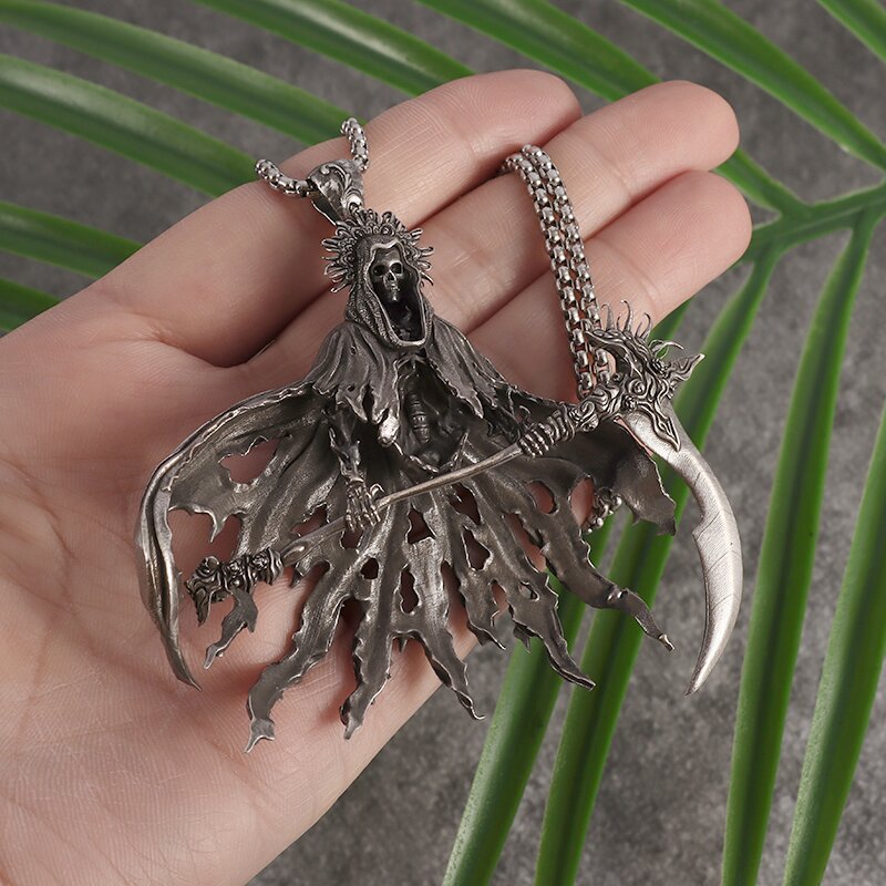 Gothic Hell Reaper Sickle Pendant Necklace - Devil Skull Men's Rock Punk Jewelry for Halloween - Image 5