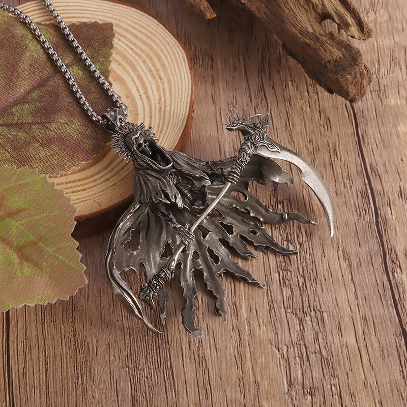Gothic Hell Reaper Sickle Pendant Necklace - Devil Skull Men's Rock Punk Jewelry for Halloween - Image 6