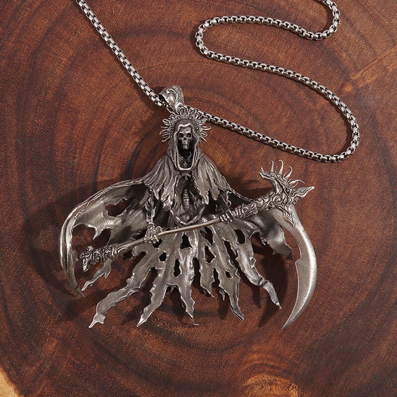 Gothic Hell Reaper Sickle Pendant Necklace - Devil Skull Men's Rock Punk Jewelry for Halloween - Image 4