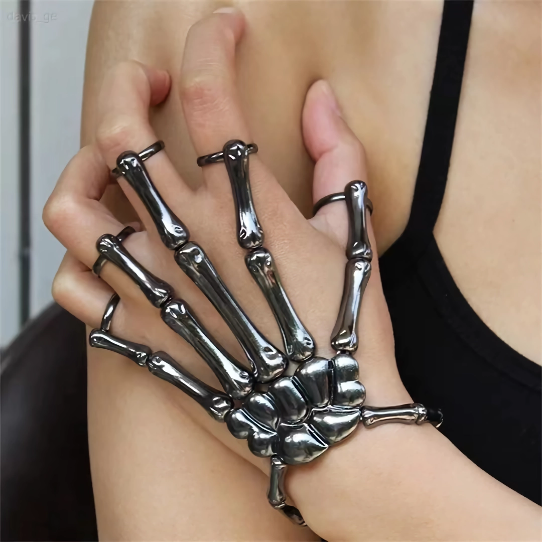 Gothic Punk Skull Hand Five Finger Ring Bracelet - Adjustable Skeleton Chain Halloween Unisex Bracelet - Image 3