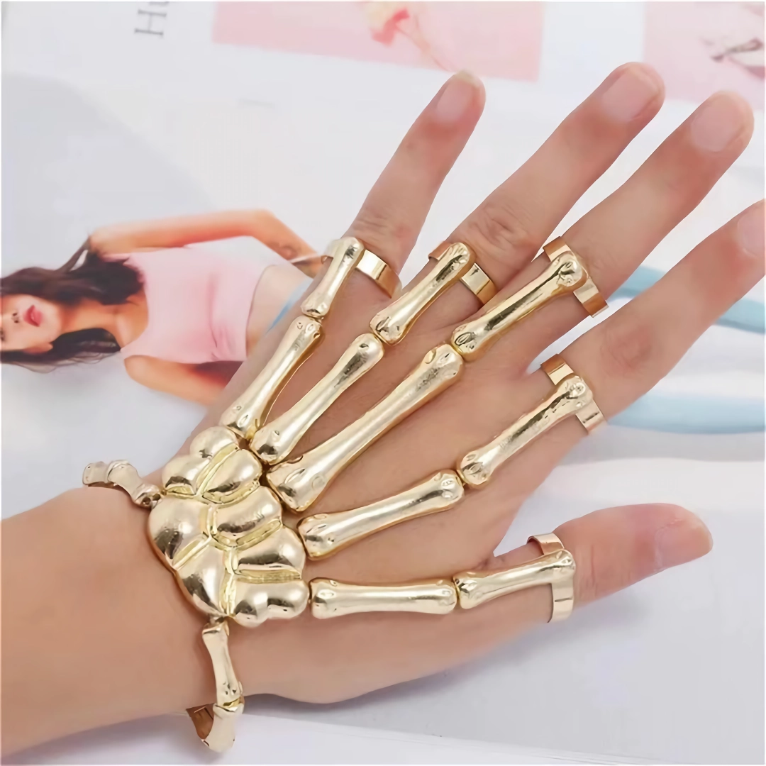 Gothic Punk Skull Hand Five Finger Ring Bracelet - Adjustable Skeleton Chain Halloween Unisex Bracelet - Image 4
