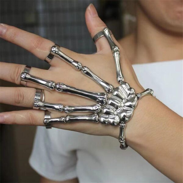 Gothic Punk Skull Hand Five Finger Ring Bracelet - Adjustable Skeleton Chain Halloween Unisex Bracelet
