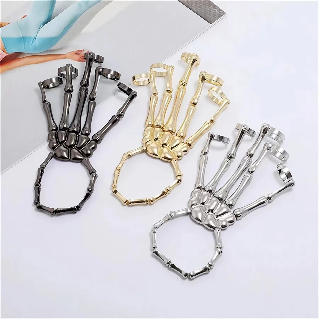 Gothic Punk Skull Hand Five Finger Ring Bracelet - Adjustable Skeleton Chain Halloween Unisex Bracelet - Image 6