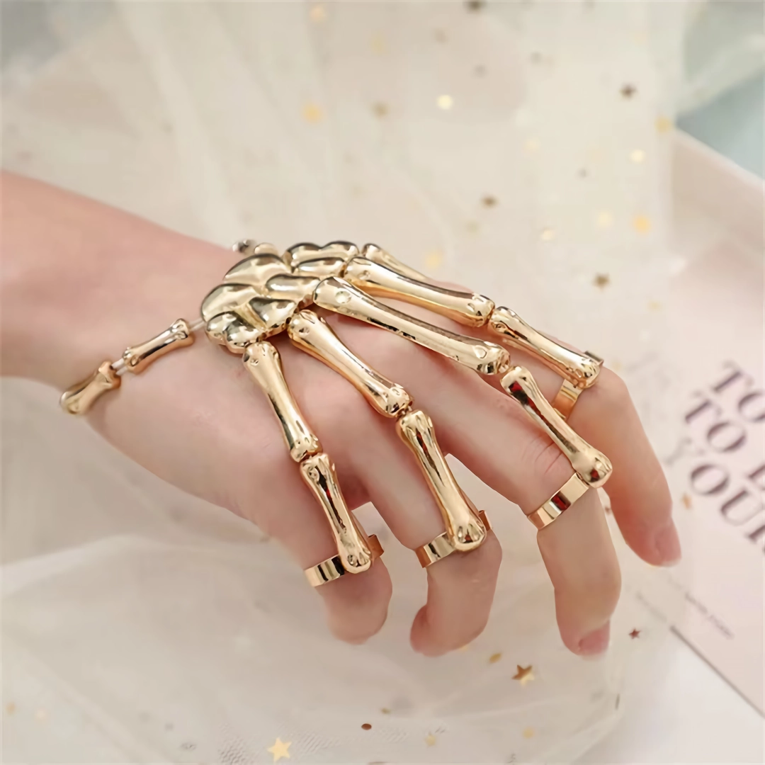 Gothic Punk Skull Hand Five Finger Ring Bracelet - Adjustable Skeleton Chain Halloween Unisex Bracelet - Image 5