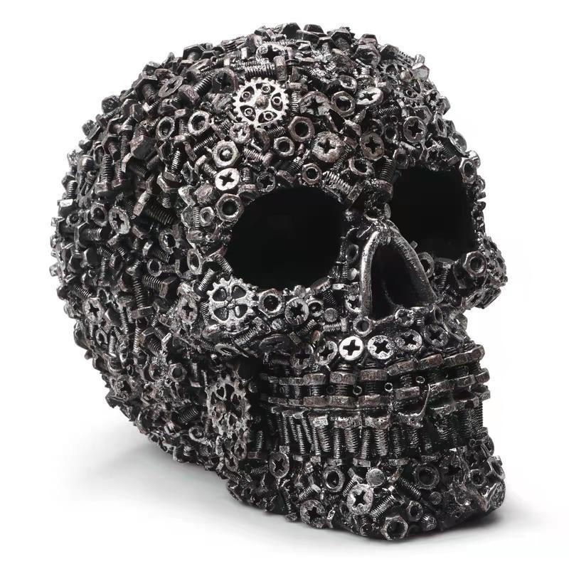 Resin Screw Gear Mechanical Skull Ornament - Gothic Home Decor Statue for Halloween Decoration