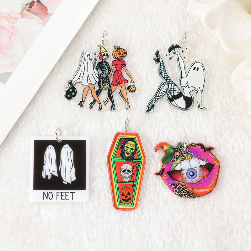 10Pcs Halloween Charms - Creative Acrylic Pumpkin, Ghost, Coffin Pendants for Keychain & Jewelry DIY - Image 2
