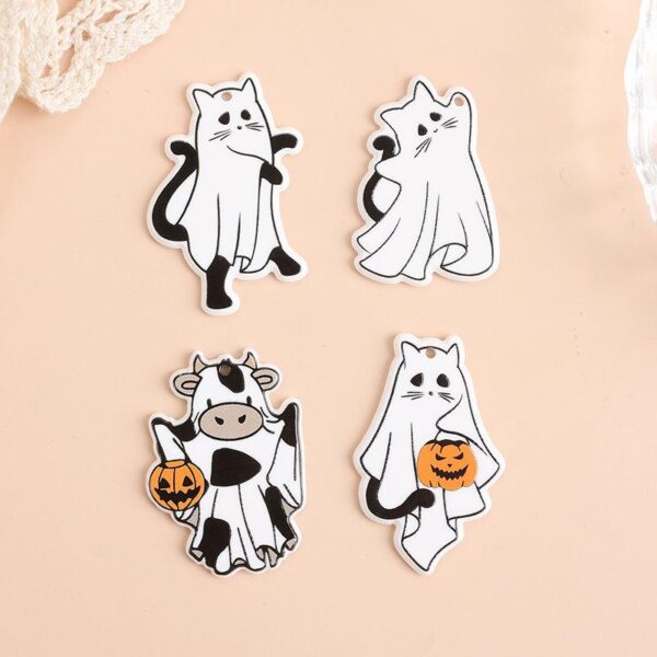 8Pcs Halloween Acrylic Cat & Ghost Charms