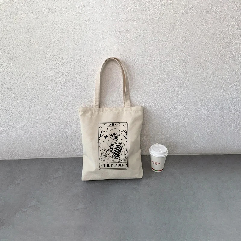 Reader Skeleton Print Canvas Tote Bag - Image 6