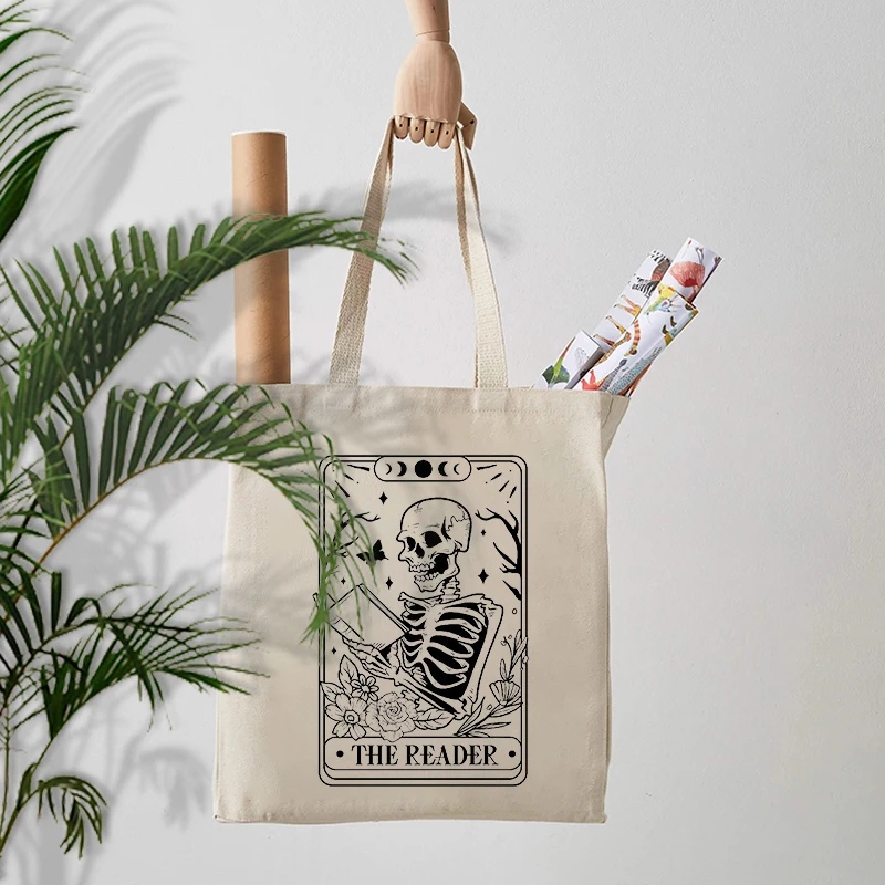 Reader Skeleton Print Canvas Tote Bag - Image 4