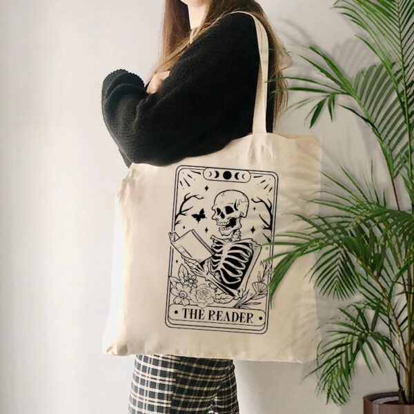 Reader Skeleton Print Canvas Tote Bag