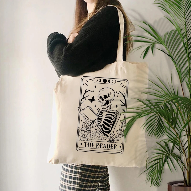Reader Skeleton Print Canvas Tote Bag