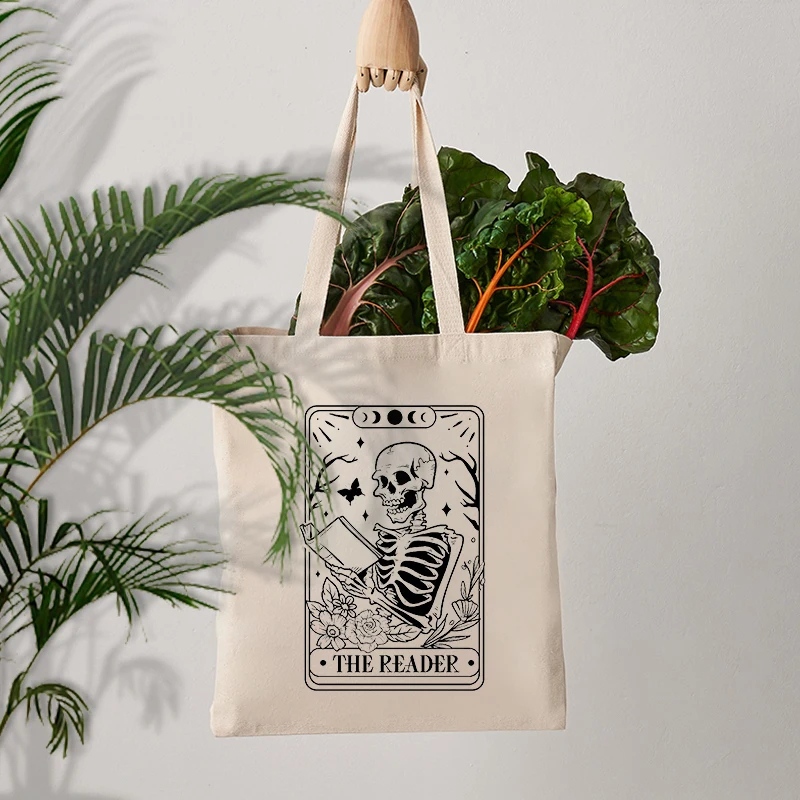 Reader Skeleton Print Canvas Tote Bag - Image 2