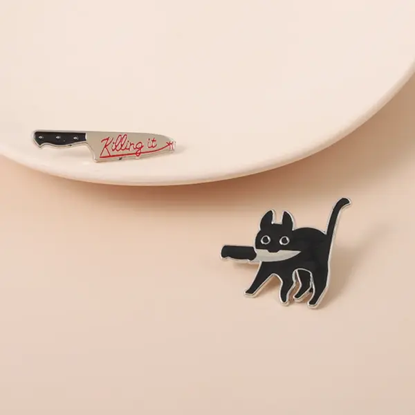 Black Cat Enamel Pins with Blood Dagger