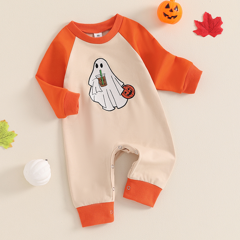 Baby Boys Halloween Romper with Ghost and Pumpkin Embroidery - Image 4