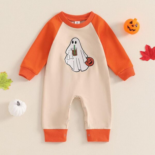 Baby Boys Halloween Romper with Ghost and Pumpkin Embroidery