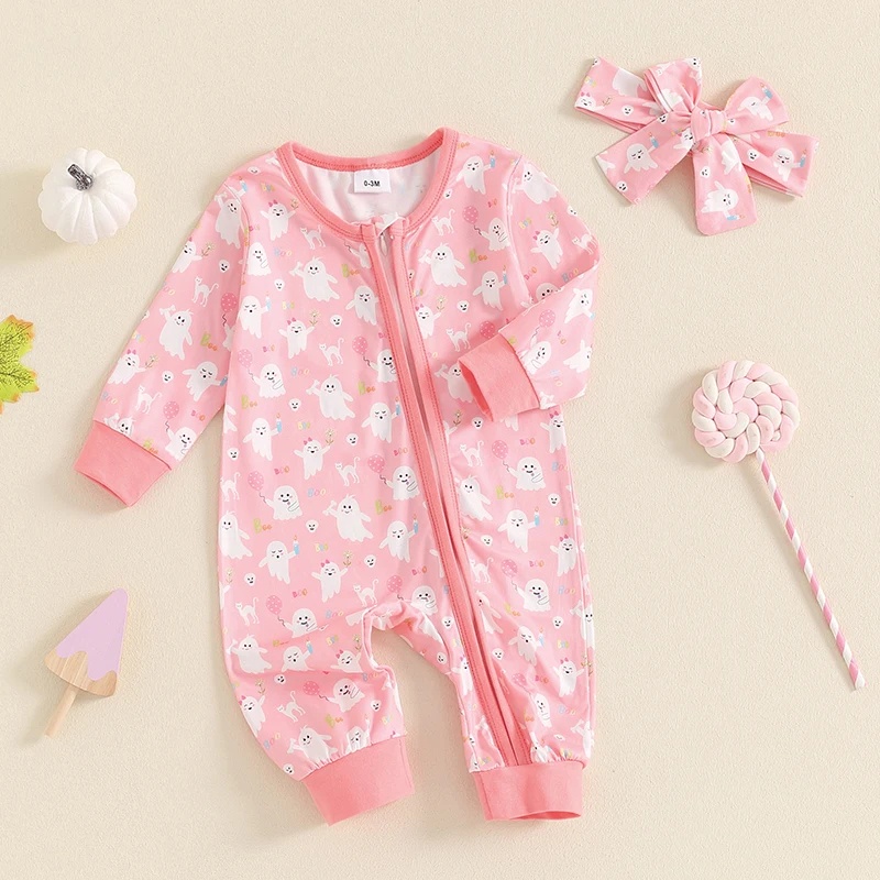 Baby Girls Halloween Skull & Ghost Long Sleeve Jumpsuit with Headband - Image 3