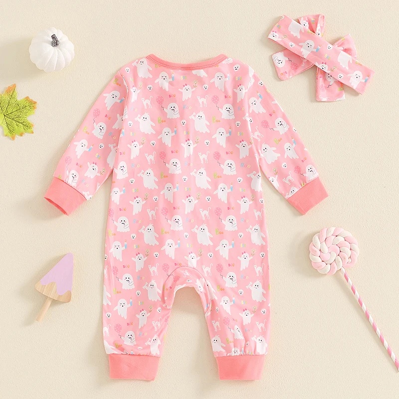 Baby Girls Halloween Skull & Ghost Long Sleeve Jumpsuit with Headband - Image 2