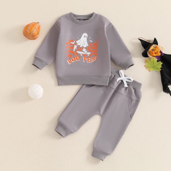 Letter Ghost Print Long Sleeve Sweatshirt & Elastic Sweatpants Set
