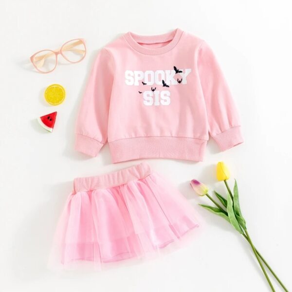 Bat Print Long Sleeve Sweatshirt and Tulle Skirt Set
