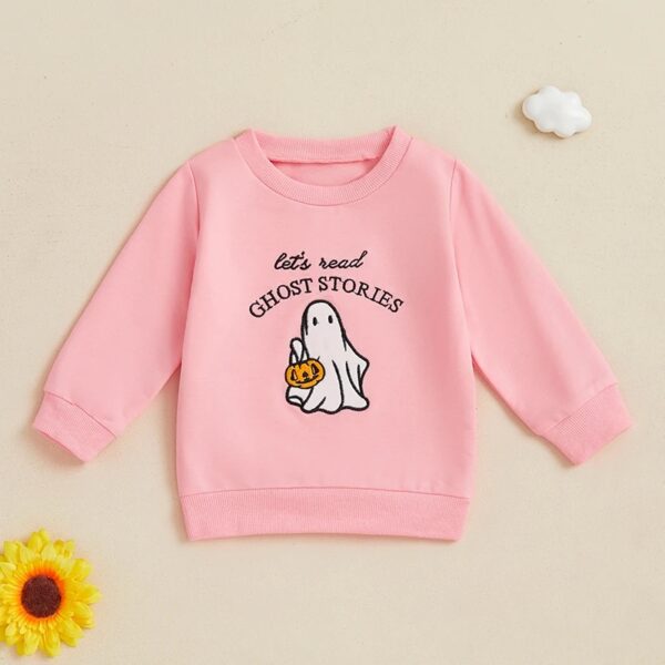 Kids Girls Long Sleeve Crew Neck Ghost Embroidery Pullover Hoodie for Halloween