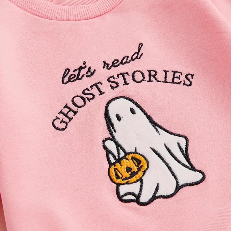 Kids Girls Long Sleeve Crew Neck Ghost Embroidery Pullover Hoodie for Halloween - Image 2