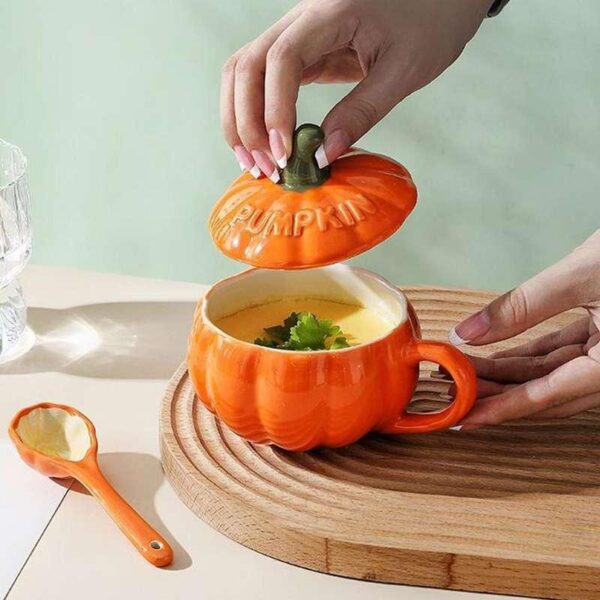 Halloween Pumpkin Shaped Ceramic Mug with Lid and Spoon