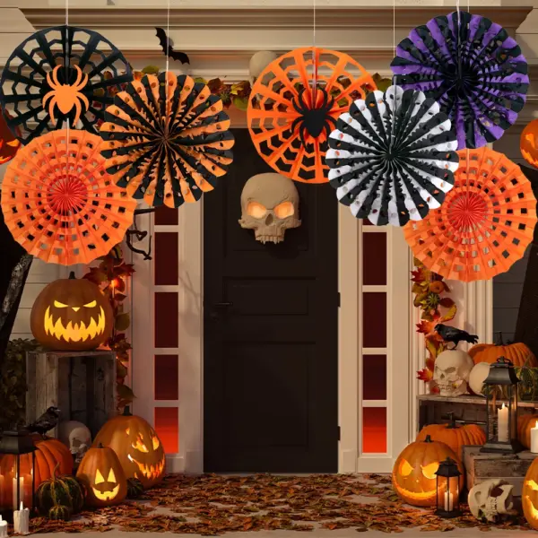 Halloween Spider Web Paper Fan Decorations - Black & Orange