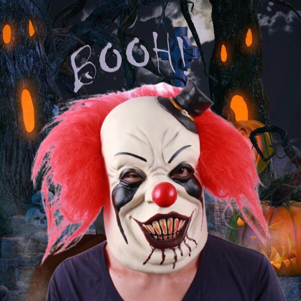 Terrifying Latex Mask with Red Hair and Black Hat