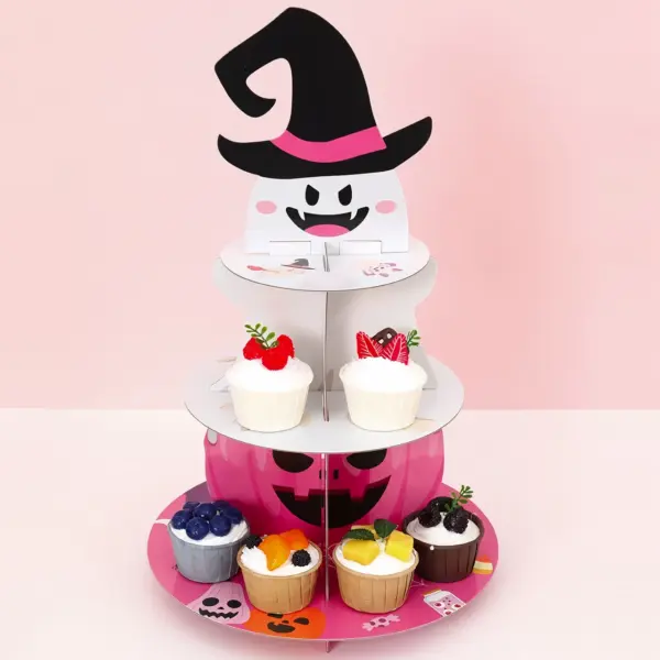 Halloween Pink Pumpkin & Ghost 3-Tier Cupcake Stand - Spooky Dessert Display for Party
