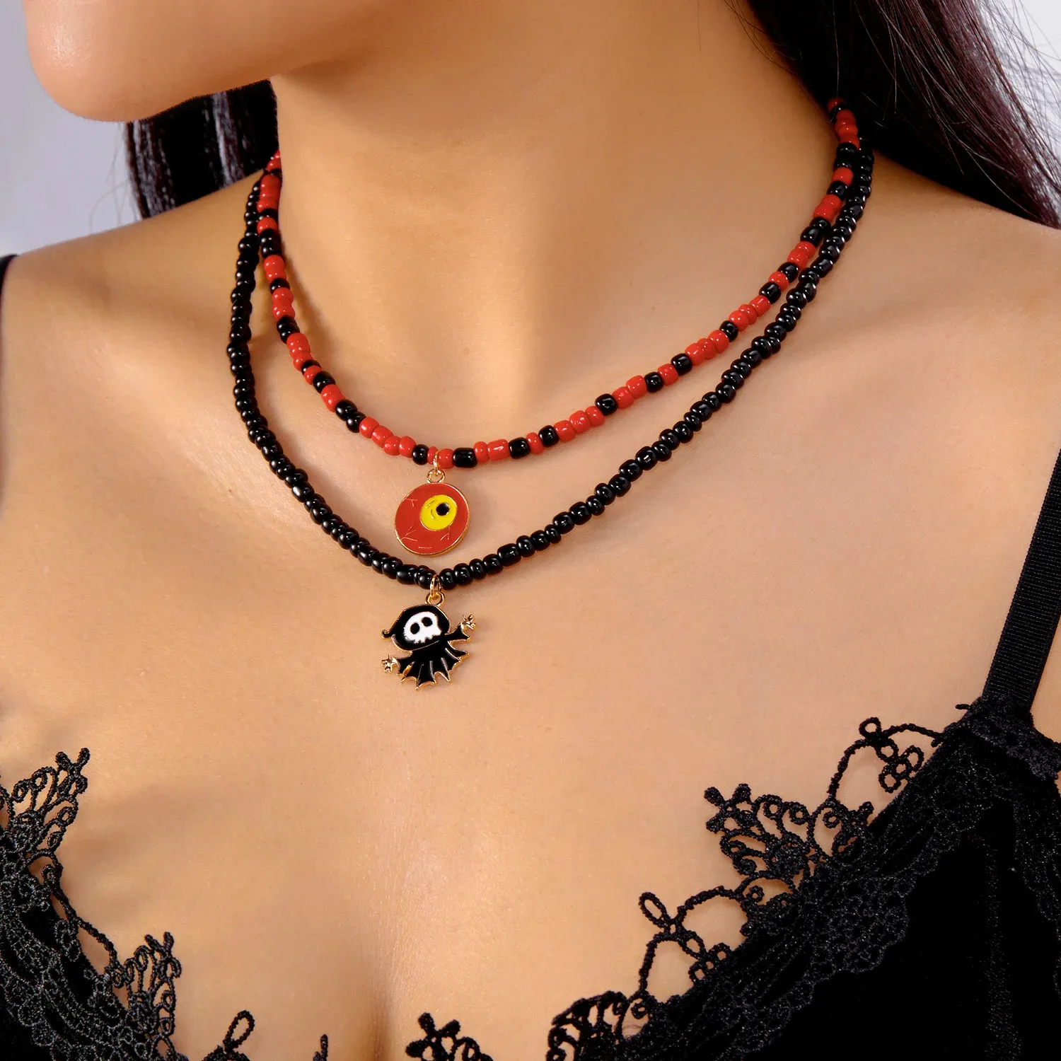 Halloween Beaded Choker Necklace with Ghost, Pumpkin & Bat Charms - Image 5