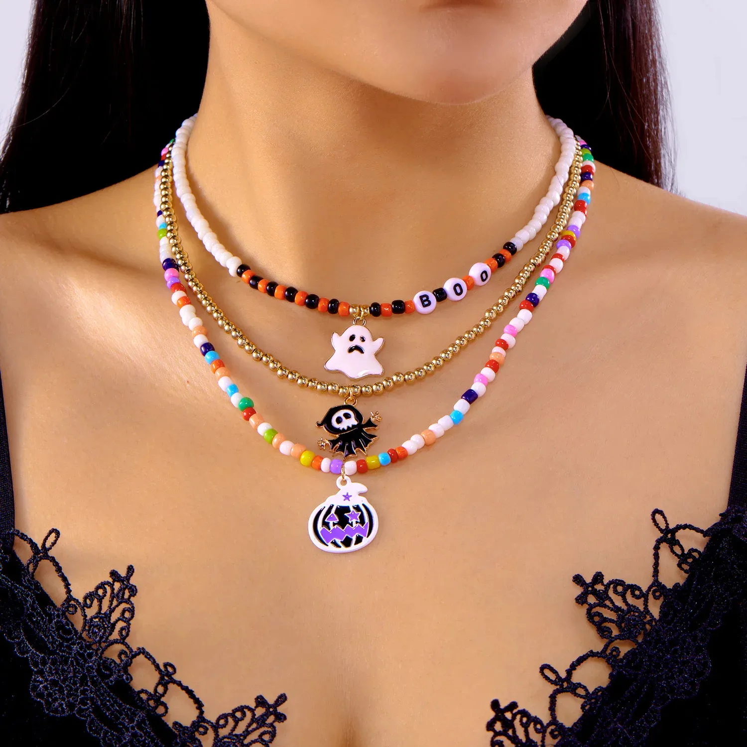 Halloween Beaded Choker Necklace with Ghost, Pumpkin & Bat Charms - Image 2